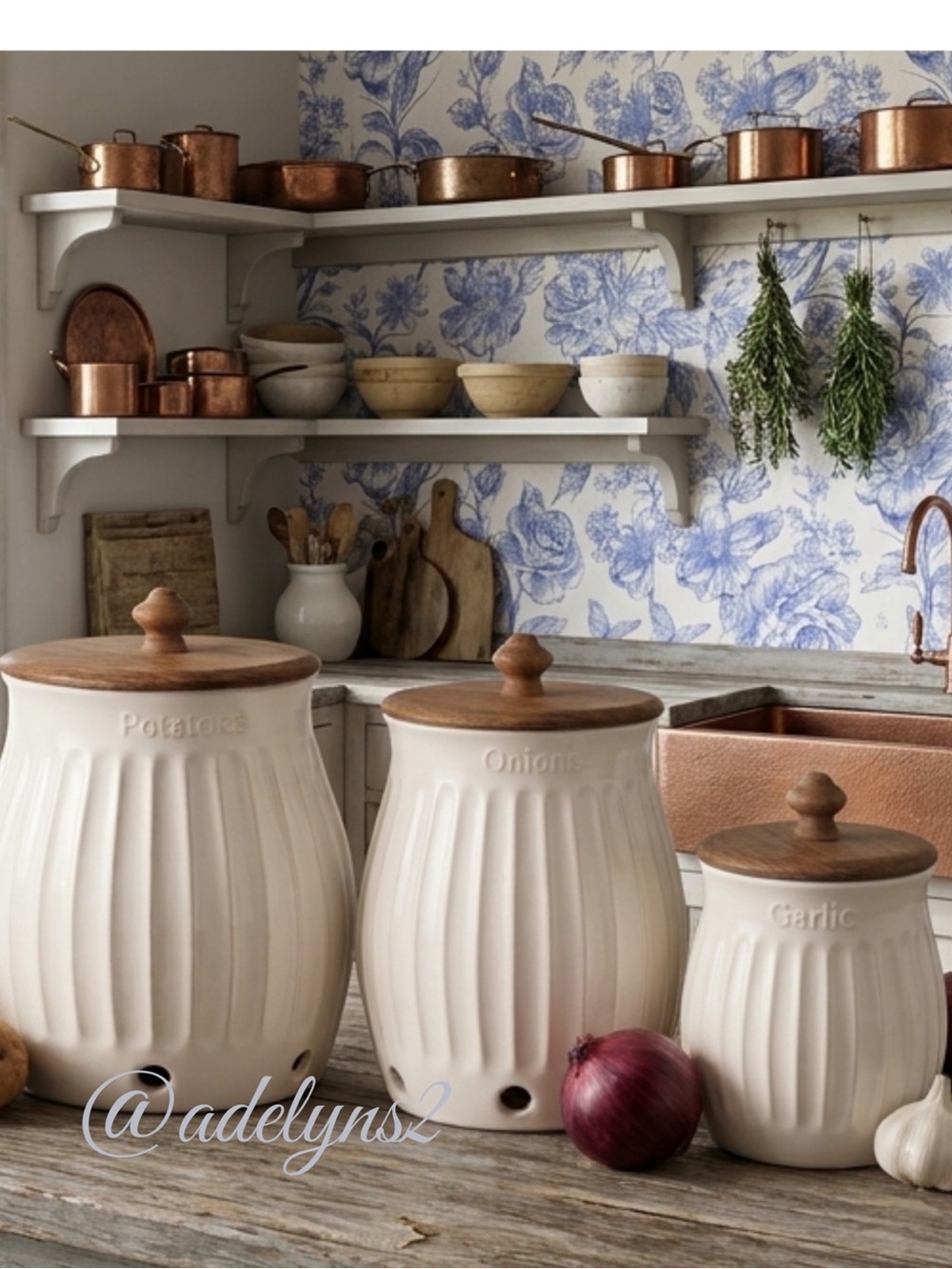 🌺 New Pioneer Woman Ceramic Vegetable Keepers Storage Canister Set Wood Lids